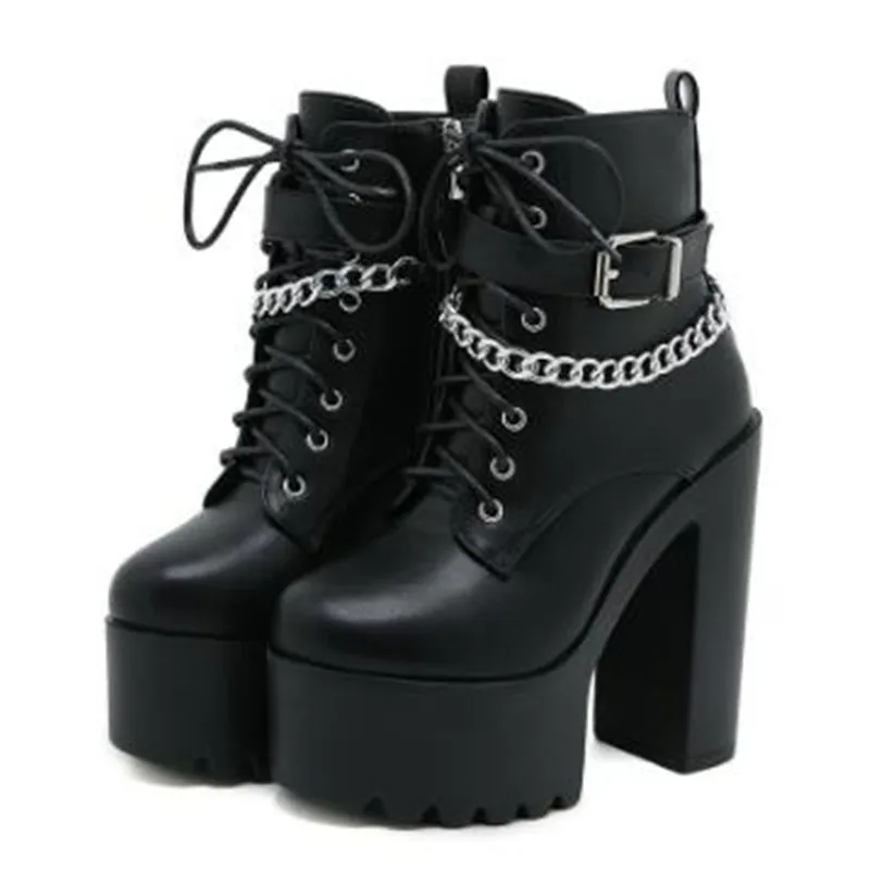 Motorcycle Chain - ใหม่Gothicสายคล้องคอข้อเท้ารองเท้าหนังผู้หญิงแพลตฟอร์มบล็อกChunkyรองเท้าส้นสูงรองเท้าส้นสูงรถจักรยานยนต์Boot Botas Mujer